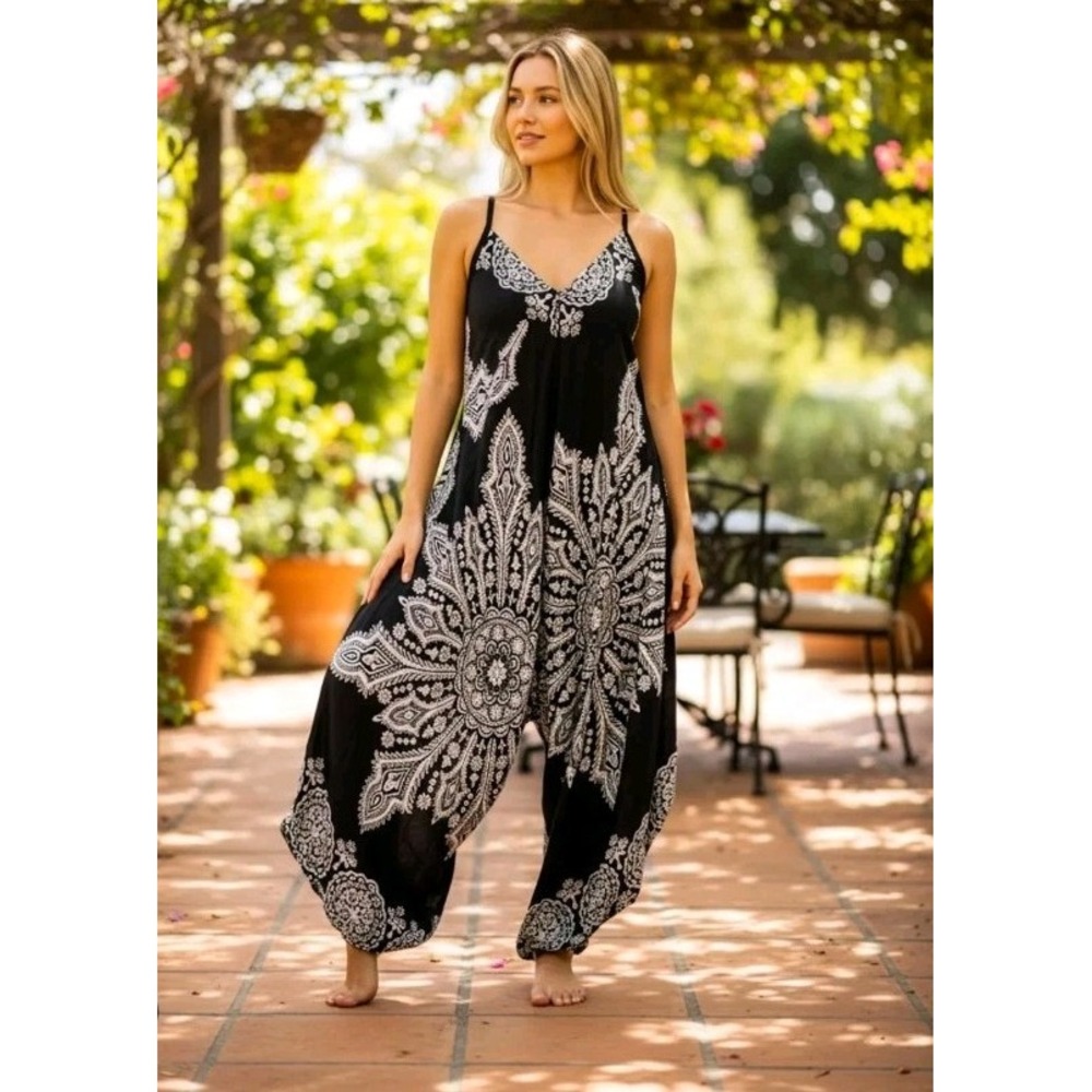 Bohemian Women's Rayon Romper Jumpsuit Parachute Style One Size Navy Blue Harem